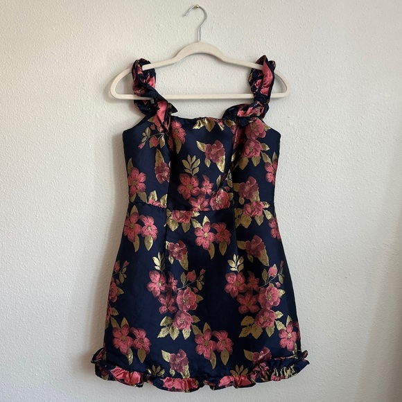 Lulus Dresses & Skirts - Lulus Floral Brocade Mini Dress with Ruffle Straps | Size Medium